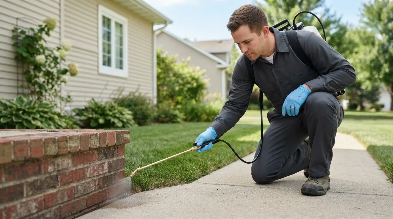 Pest control technician treating a home near Sterling, OK