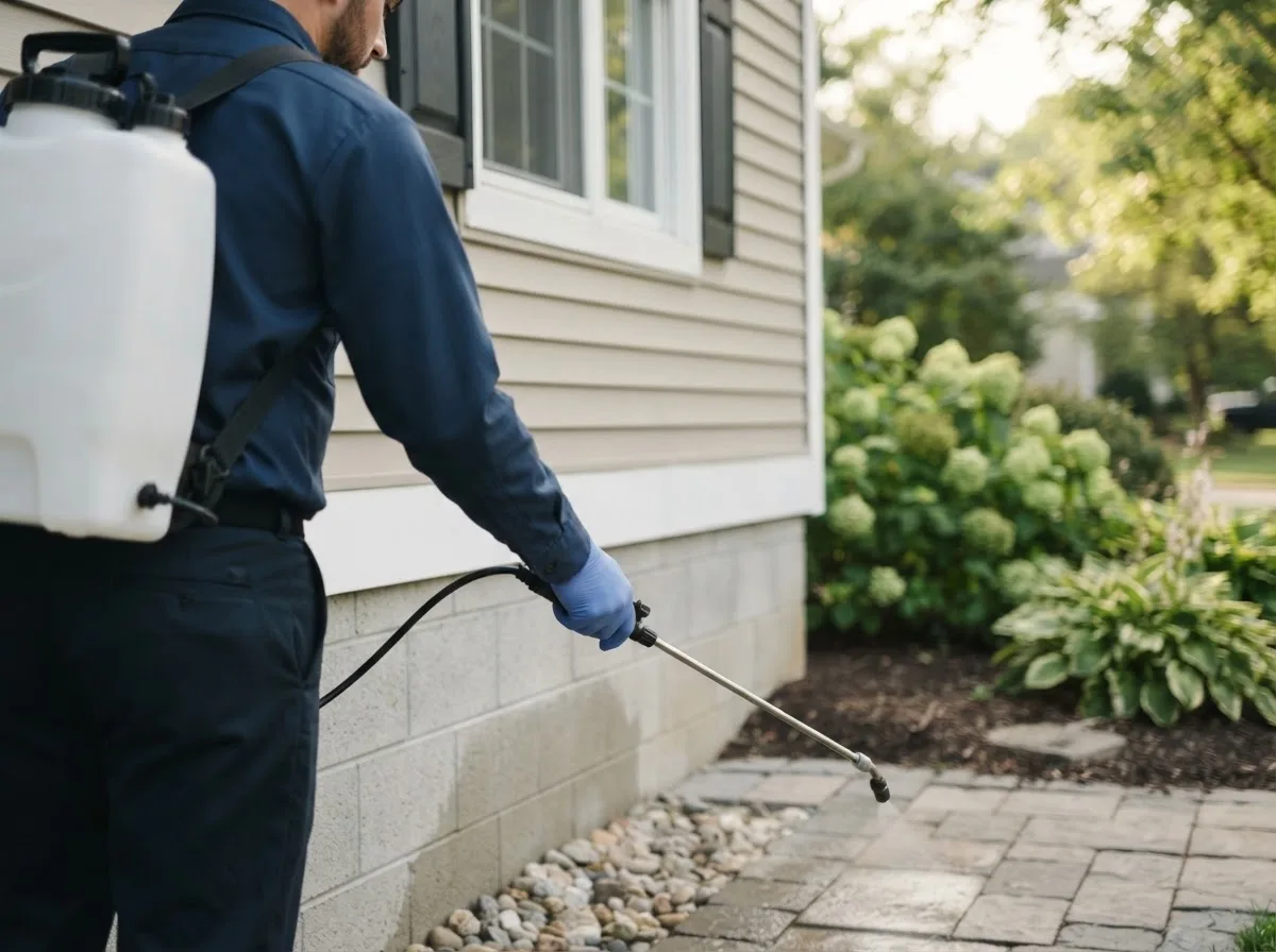 Pest control technician inspecting a home in Sterling, OK